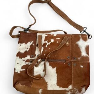 Myra - Brown and White Leather cowhide Shoulder Bag